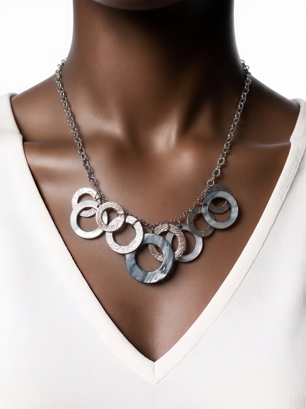 Vintage Chunky Silver Mixed Texture Open Circle Bib Statement Necklace